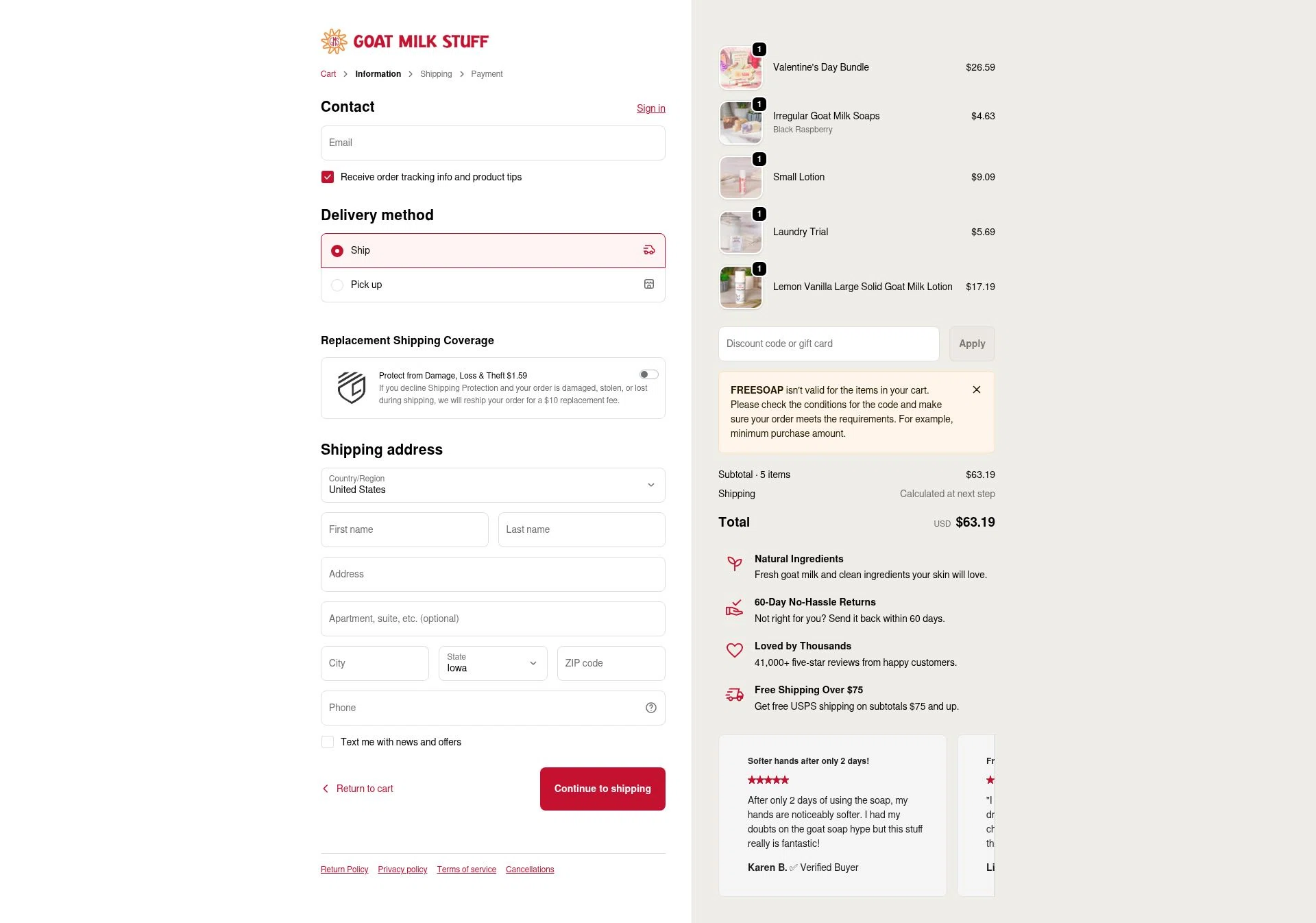Goat Milk Stuff checkout page showing Goat Milk Stuff coupon code box | Screenshot taken by SimplyCodes community member on Feb 7, 2026