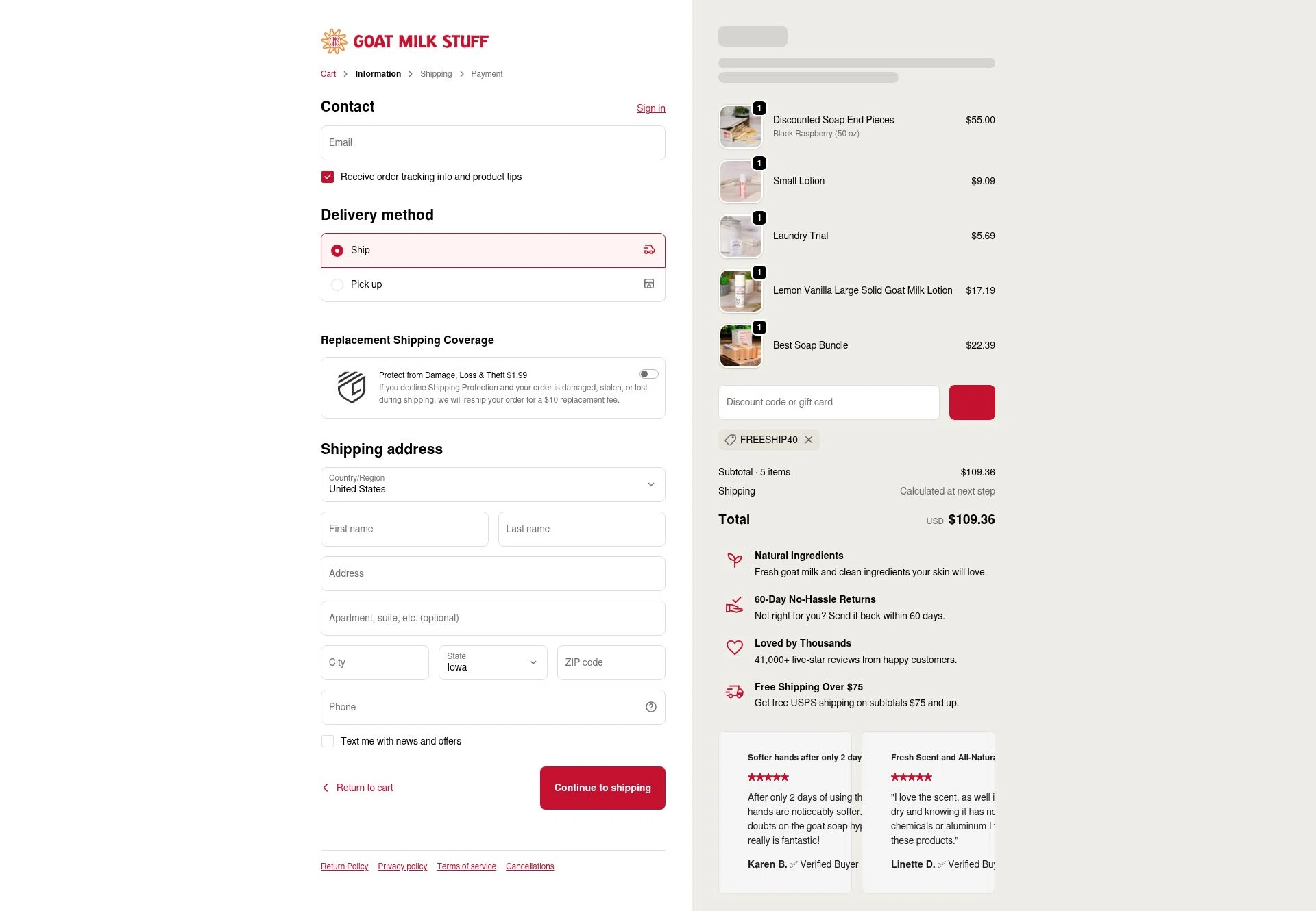 Goat Milk Stuff checkout page showing Goat Milk Stuff coupon code box | Screenshot taken by SimplyCodes community member on Feb 2, 2026