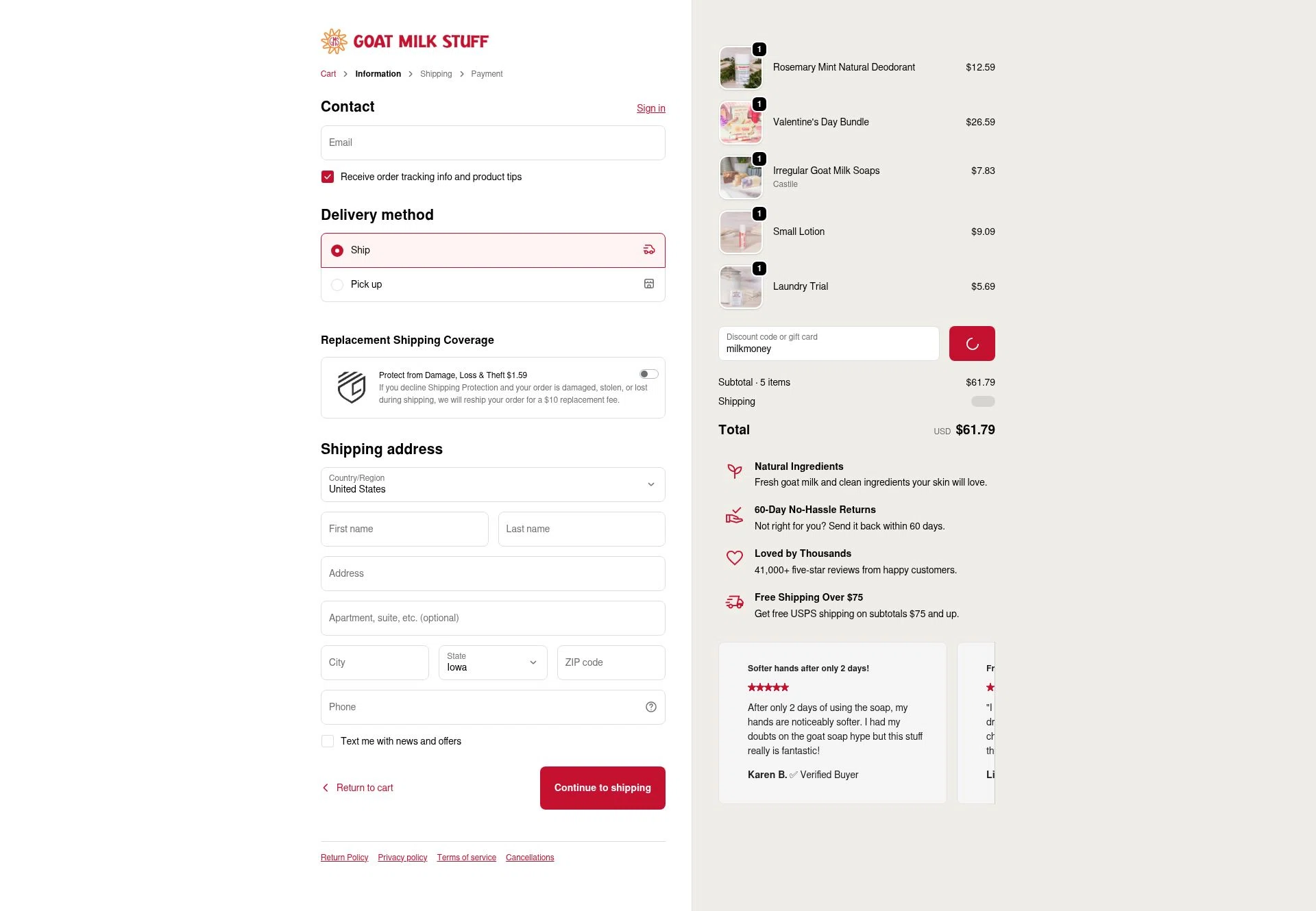 Goat Milk Stuff checkout page showing Goat Milk Stuff coupon code box | Screenshot taken by SimplyCodes community member on Feb 11, 2026