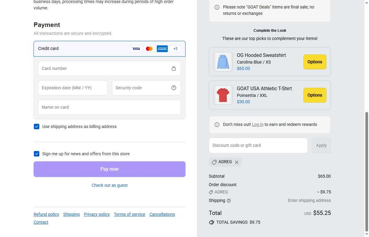 GOAT USA checkout page showing GOAT USA coupon code box | Screenshot taken by SimplyCodes community member on Feb 20, 2026