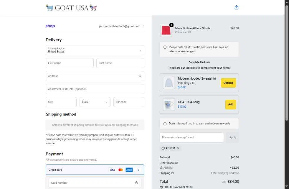 GOAT USA checkout page showing GOAT USA coupon code box | Screenshot taken by SimplyCodes community member on Feb 21, 2026