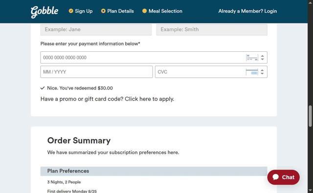 Gobble checkout page showing Gobble promo code box | Screenshot taken by SimplyCodes community member on Aug 18, 2025