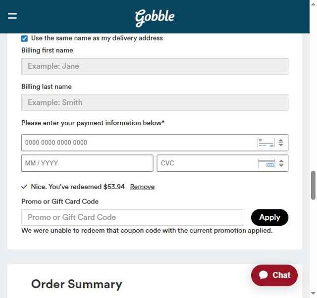 Gobble checkout page showing Gobble promo code box | Screenshot taken by SimplyCodes community member on Sep 12, 2025