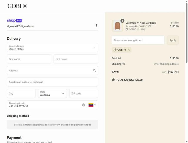 Gobi Cashmere checkout page showing Gobi Cashmere promo code box | Screenshot taken by SimplyCodes community member on Jun 10, 2025