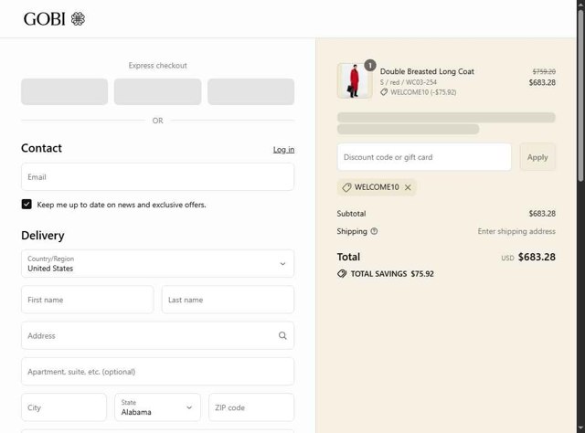 Gobi Cashmere checkout page showing Gobi Cashmere promo code box | Screenshot taken by SimplyCodes community member on Aug 19, 2025