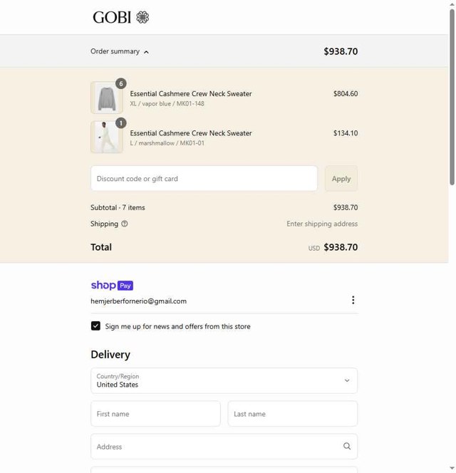 Gobi Cashmere checkout page showing Gobi Cashmere promo code box | Screenshot taken by SimplyCodes community member on Jun 3, 2025
