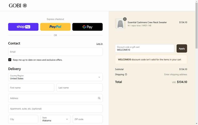 Gobi Cashmere checkout page showing Gobi Cashmere promo code box | Screenshot taken by SimplyCodes community member on May 16, 2025