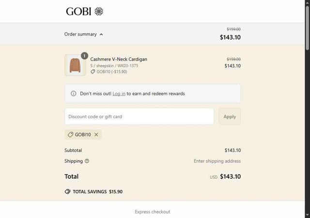 Gobi Cashmere checkout page showing Gobi Cashmere promo code box | Screenshot taken by SimplyCodes community member on Jun 3, 2025