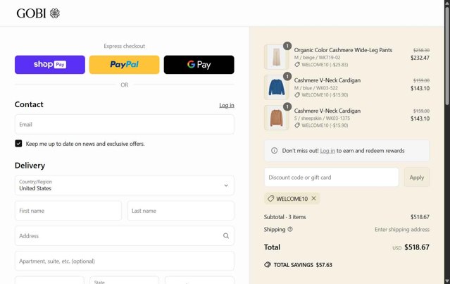 Gobi Cashmere checkout page showing Gobi Cashmere promo code box | Screenshot taken by SimplyCodes community member on Jun 3, 2025