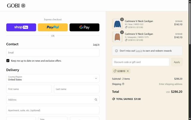 Gobi Cashmere checkout page showing Gobi Cashmere promo code box | Screenshot taken by SimplyCodes community member on Jun 3, 2025
