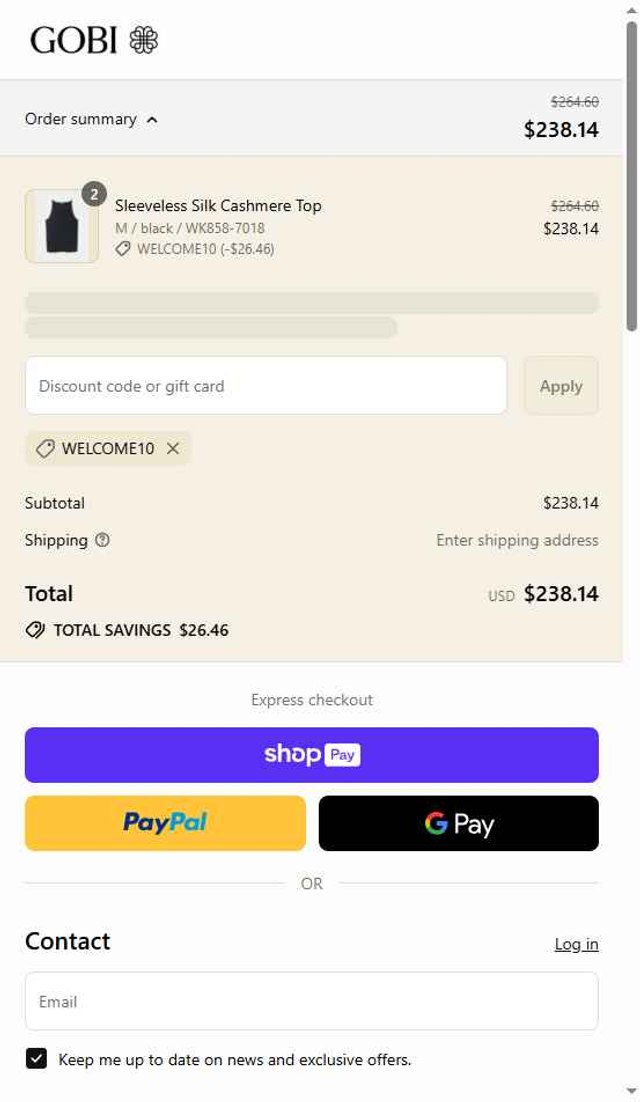Gobi Cashmere checkout page showing Gobi Cashmere promo code box | Screenshot taken by SimplyCodes community member on Jul 17, 2025