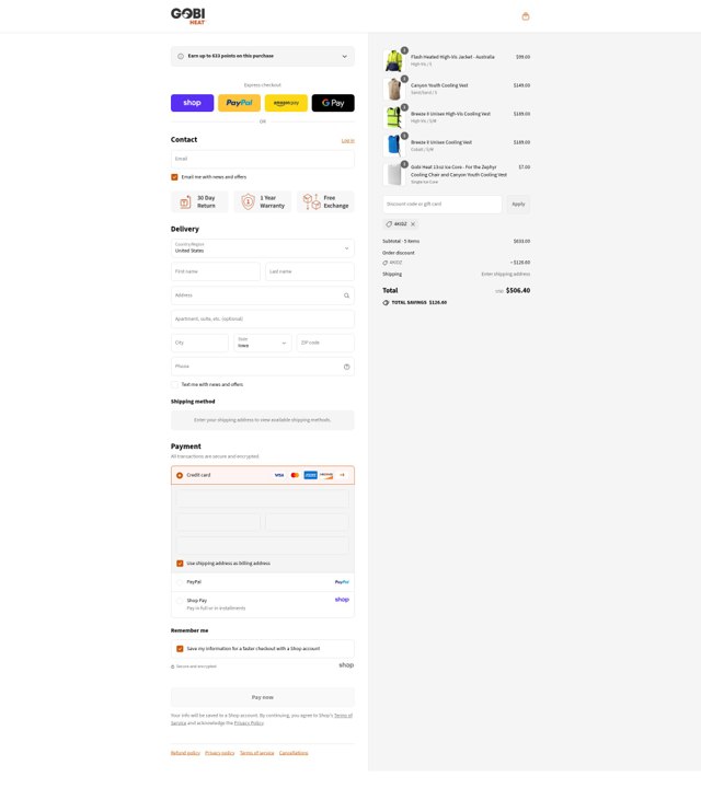 Gobi Heat checkout page showing Gobi Heat discount code box | Screenshot taken by SimplyCodes community member on Sep 4, 2025
