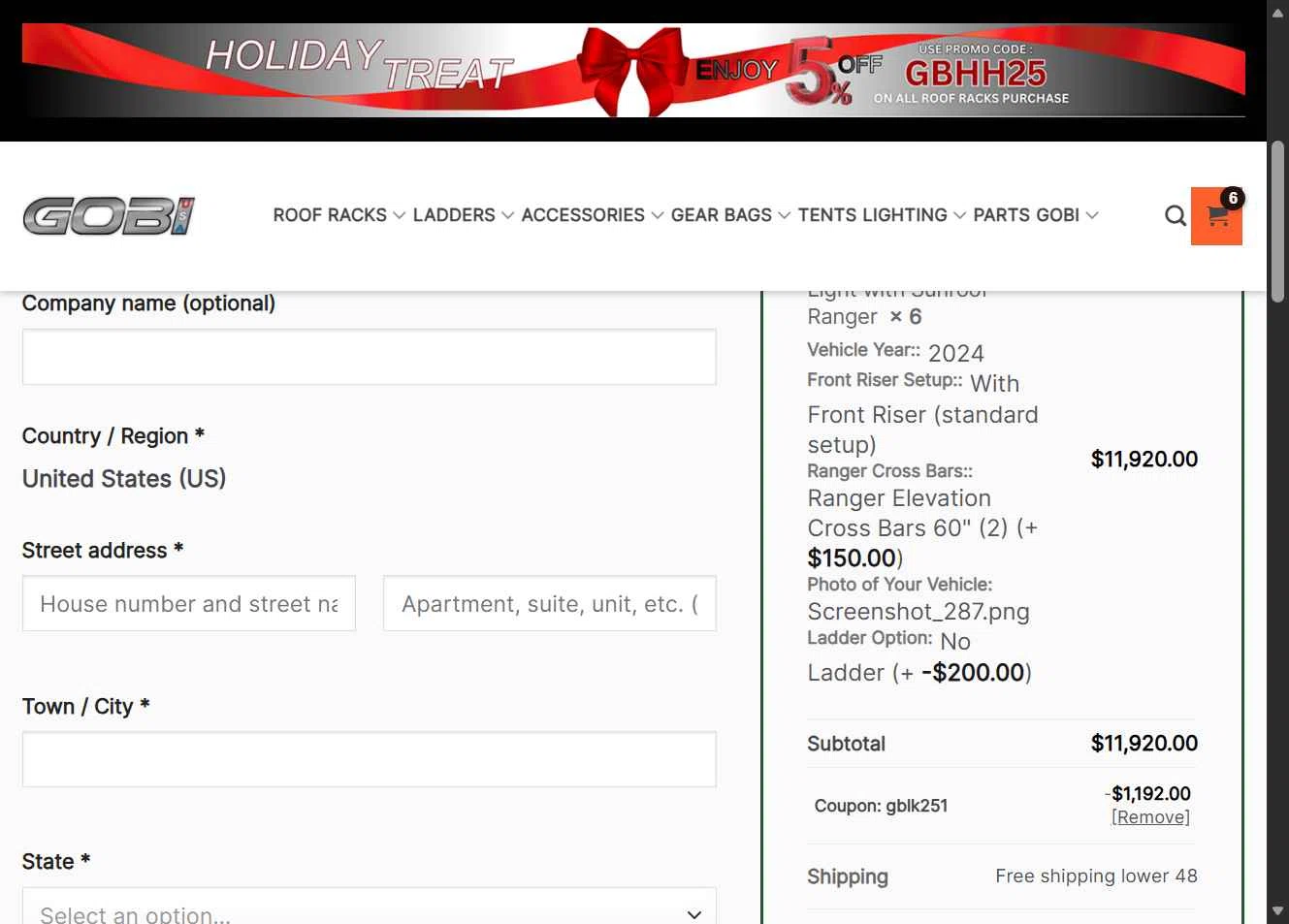 GOBI USA checkout page showing GOBI USA coupon code box | Screenshot taken by SimplyCodes community member on Jan 8, 2026