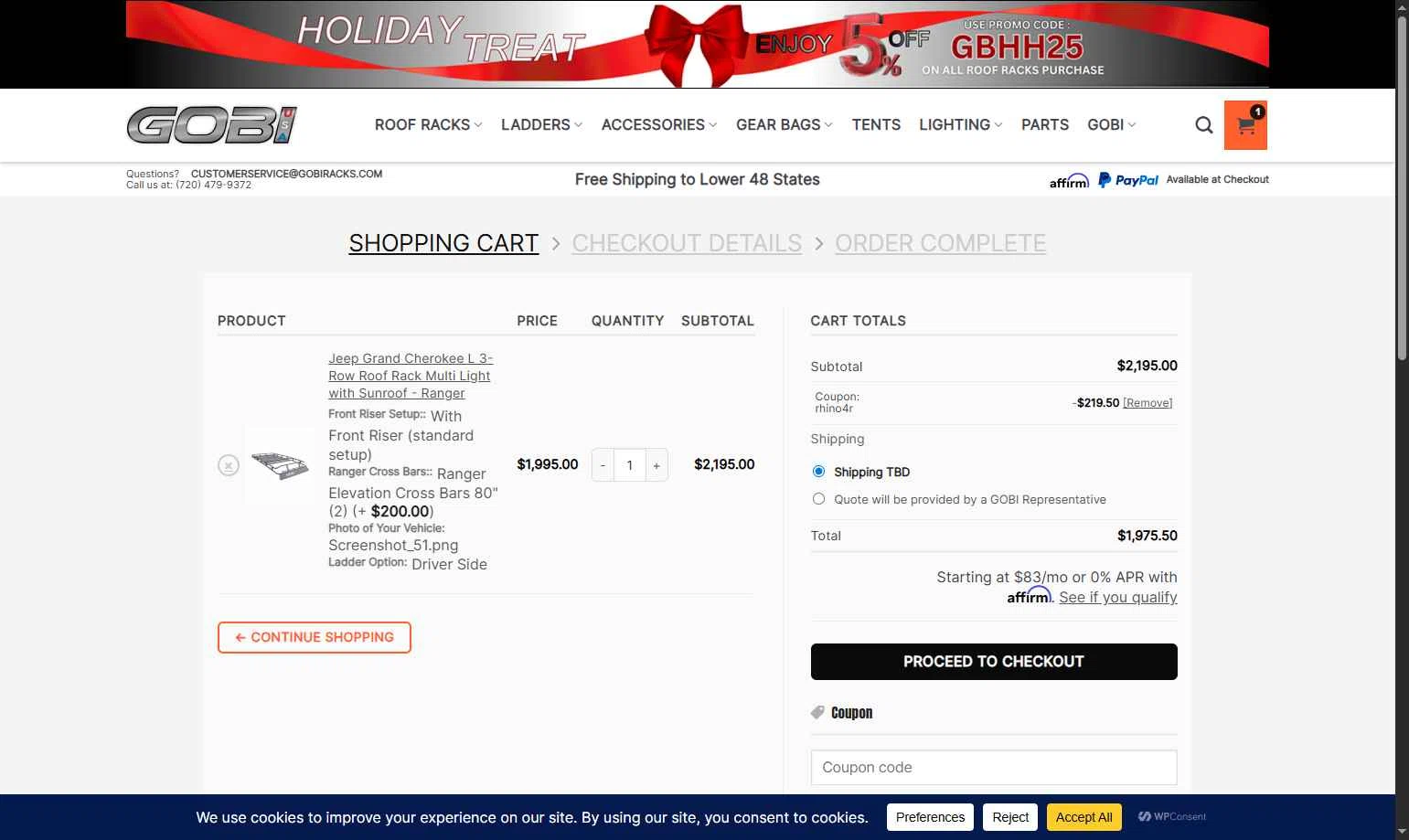 GOBI USA checkout page showing GOBI USA coupon code box | Screenshot taken by SimplyCodes community member on Dec 10, 2025