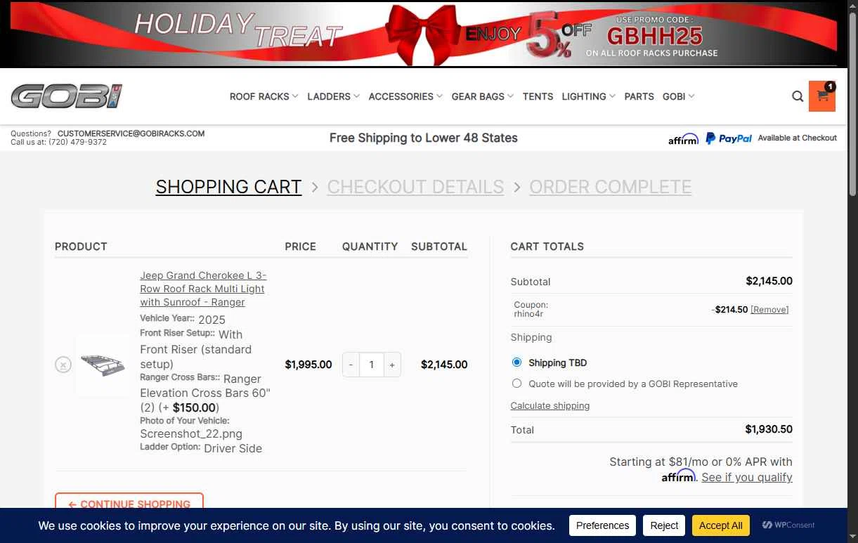 GOBI USA checkout page showing GOBI USA coupon code box | Screenshot taken by SimplyCodes community member on Jan 8, 2026
