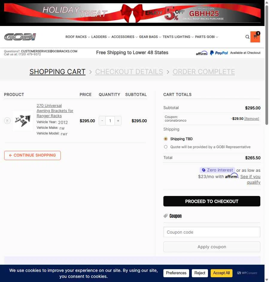 GOBI USA checkout page showing GOBI USA coupon code box | Screenshot taken by SimplyCodes community member on Dec 13, 2025