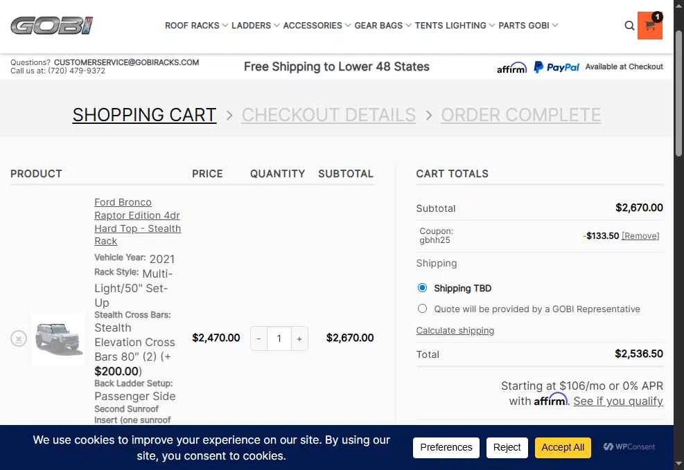 GOBI USA checkout page showing GOBI USA coupon code box | Screenshot taken by SimplyCodes community member on Jan 8, 2026
