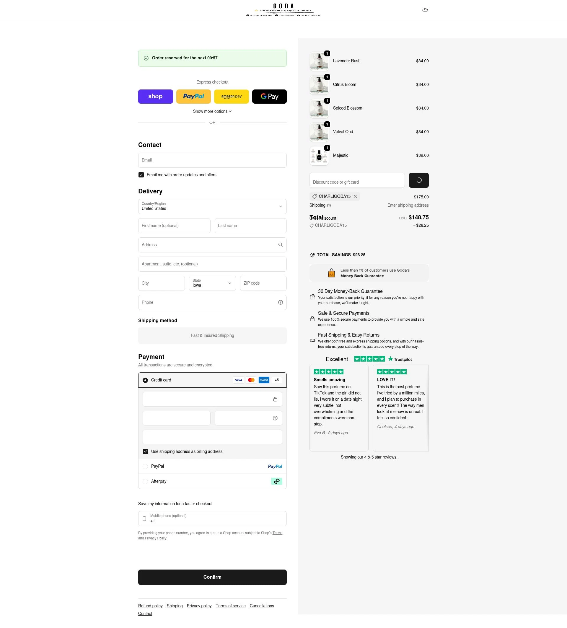Goda Perfume checkout page showing Goda Perfume discount code box | Screenshot taken by SimplyCodes community member on Feb 26, 2026
