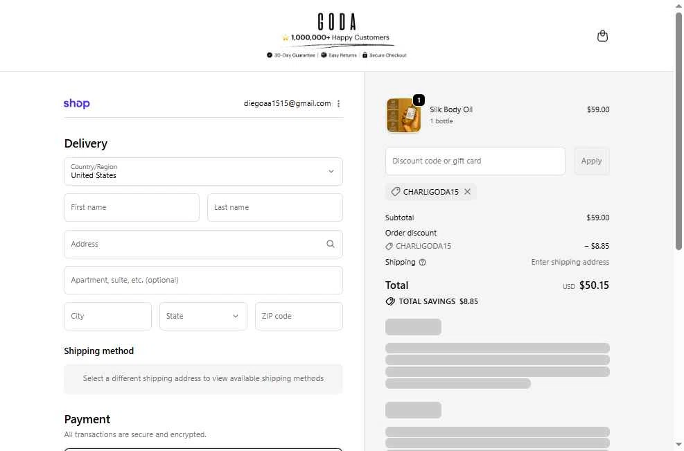 Goda Perfume checkout page showing Goda Perfume discount code box | Screenshot taken by SimplyCodes community member on Feb 24, 2026