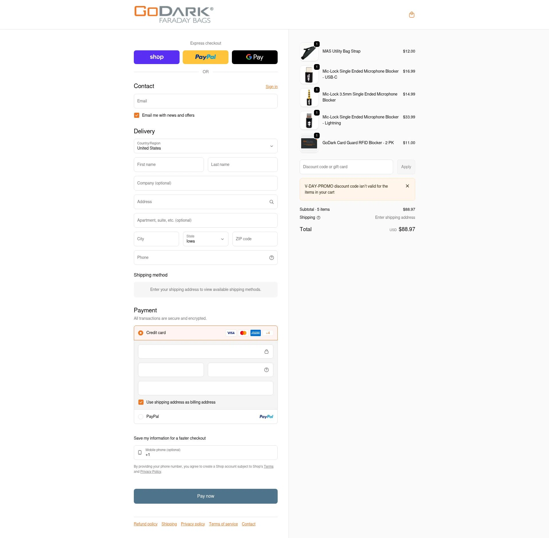 GoDark Bags checkout page showing GoDark Bags promo code box | Screenshot taken by SimplyCodes community member on Feb 5, 2026
