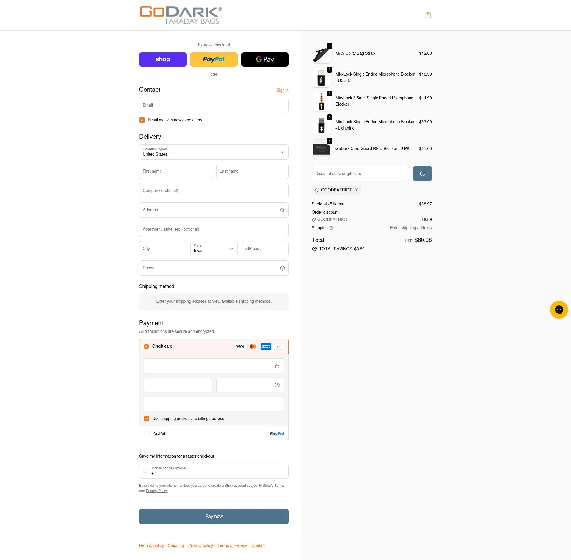 GoDark Bags checkout page showing GoDark Bags promo code box | Screenshot taken by SimplyCodes community member on Feb 9, 2026