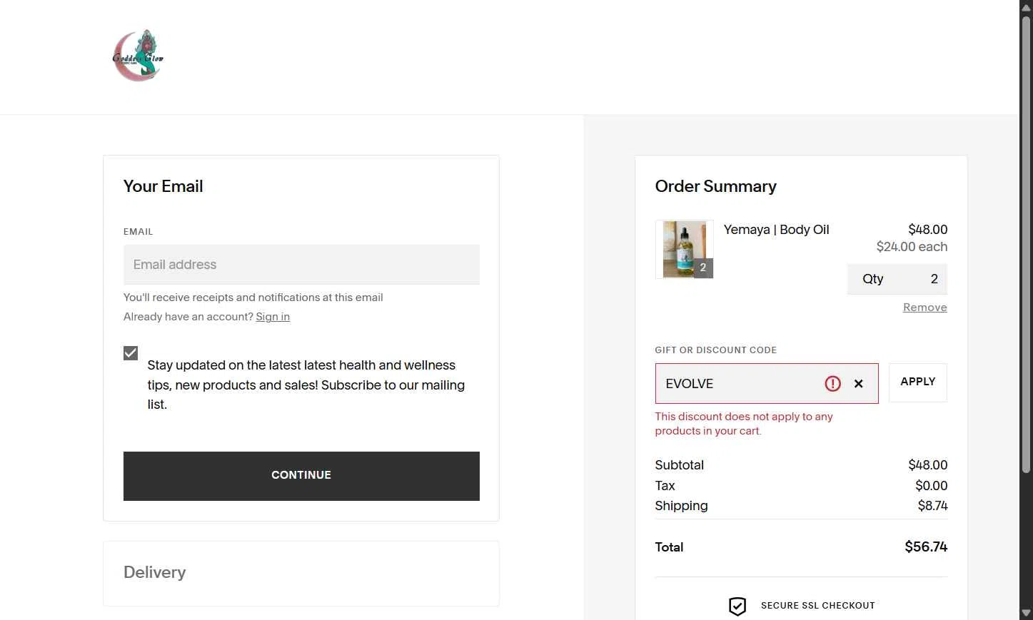 Goddess Glow Holistic checkout page showing Goddess Glow Holistic promo code box | Screenshot taken by SimplyCodes community member on Jul 10, 2025