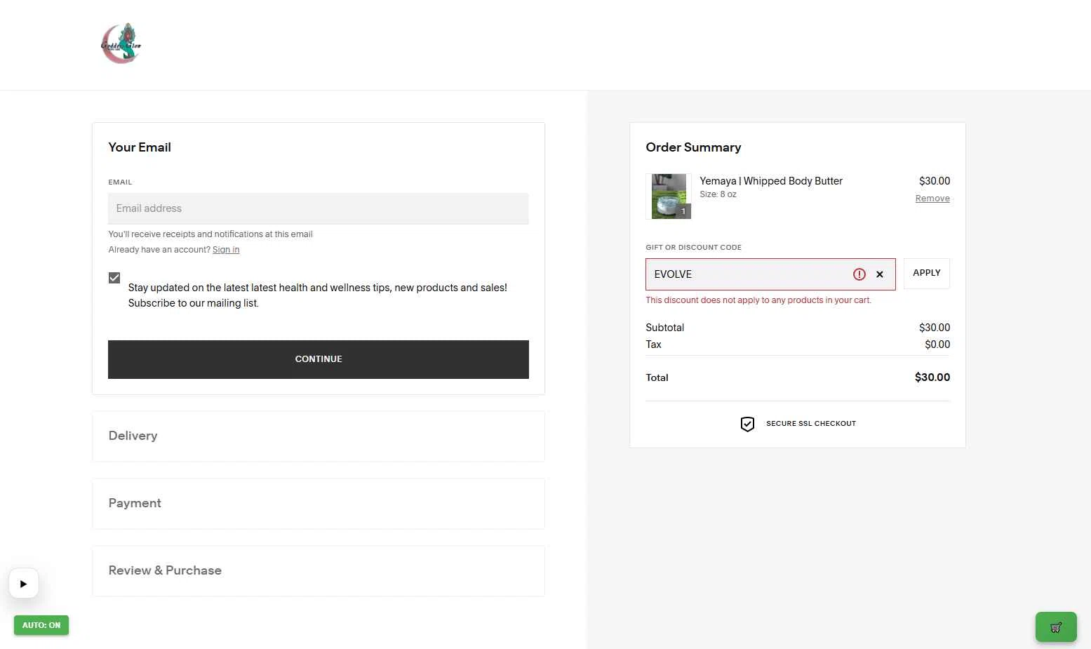 Goddess Glow Holistic checkout page showing Goddess Glow Holistic promo code box | Screenshot taken by SimplyCodes community member on Jan 26, 2026
