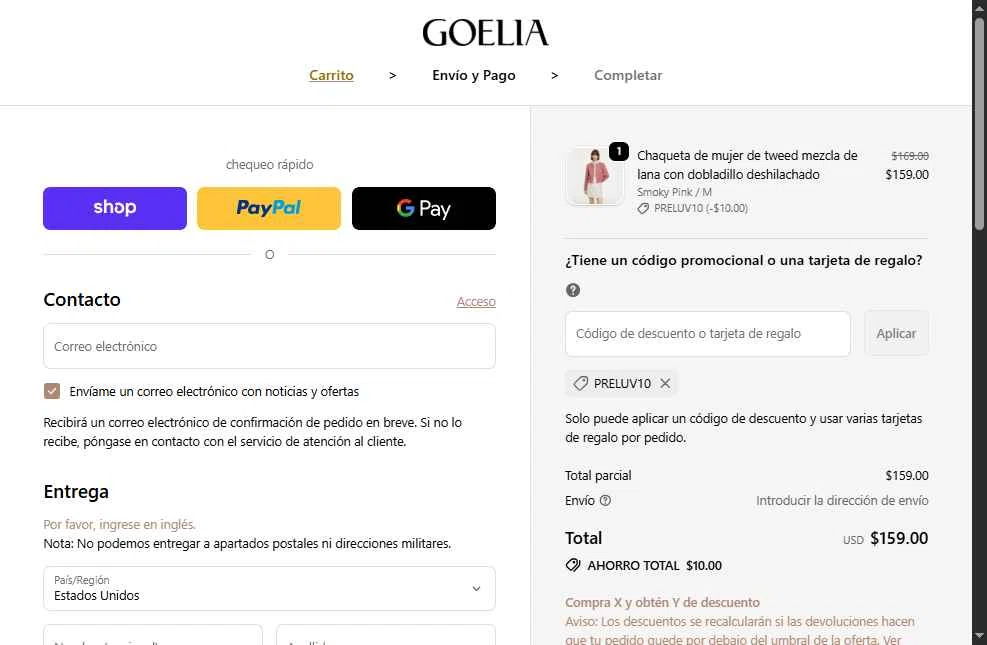 Goelia checkout page showing Goelia promo code box | Screenshot taken by SimplyCodes community member on Jan 8, 2026