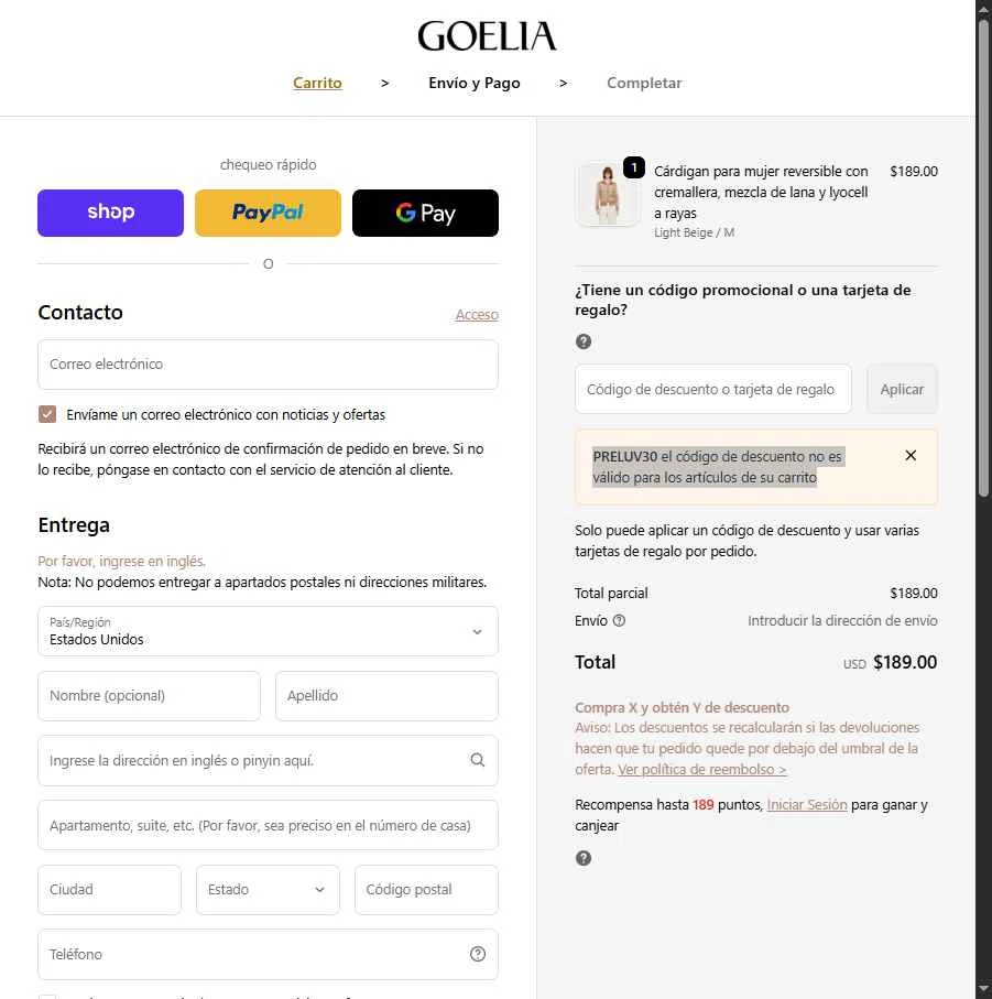 Goelia checkout page showing Goelia promo code box | Screenshot taken by SimplyCodes community member on Feb 24, 2026