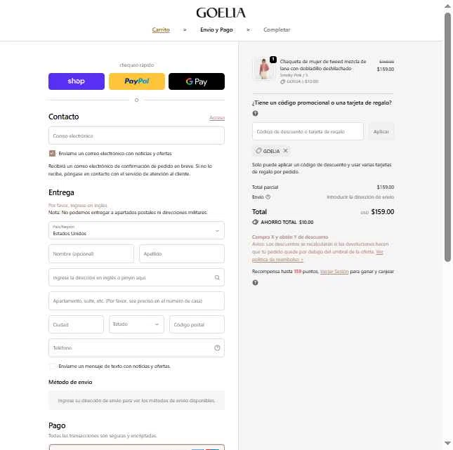 Goelia checkout page showing Goelia promo code box | Screenshot taken by SimplyCodes community member on Jan 8, 2026
