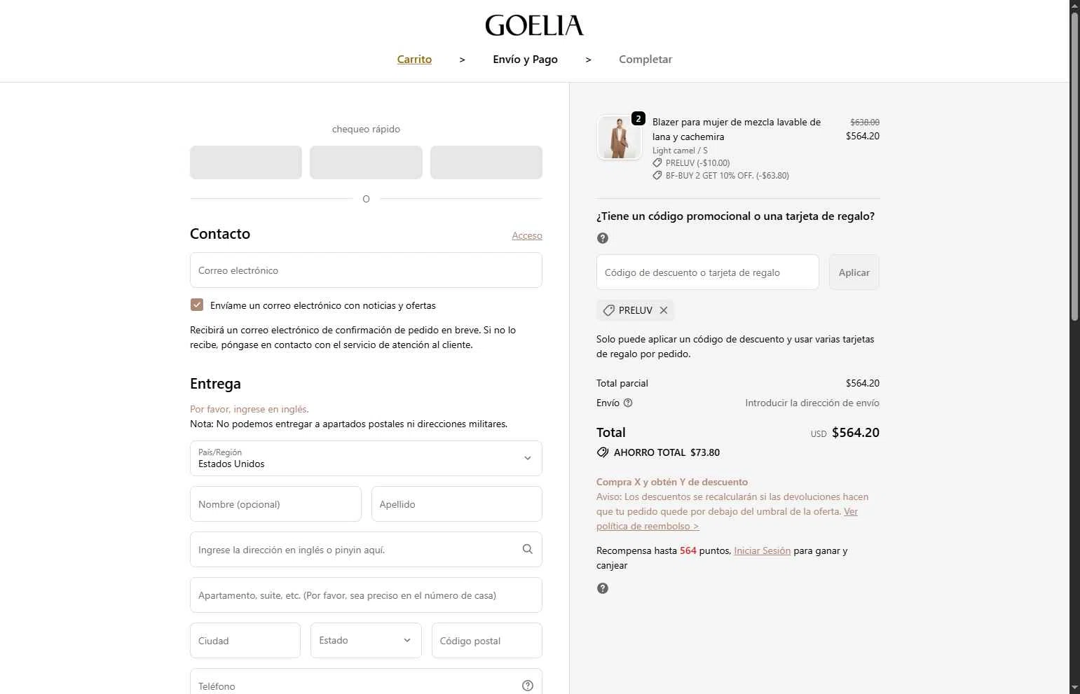 Goelia checkout page showing Goelia promo code box | Screenshot taken by SimplyCodes community member on Jan 8, 2026