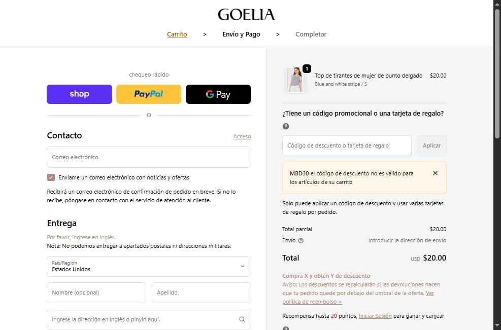 Goelia checkout page showing Goelia promo code box | Screenshot taken by SimplyCodes community member on Jan 8, 2026