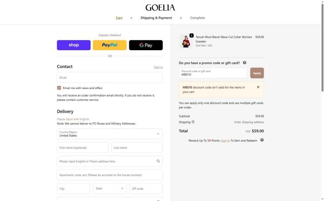 Goelia checkout page showing Goelia promo code box | Screenshot taken by SimplyCodes community member on Oct 2, 2025
