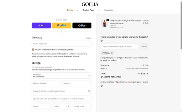 Goelia checkout page showing Goelia promo code box | Screenshot taken by SimplyCodes community member on Oct 4, 2025