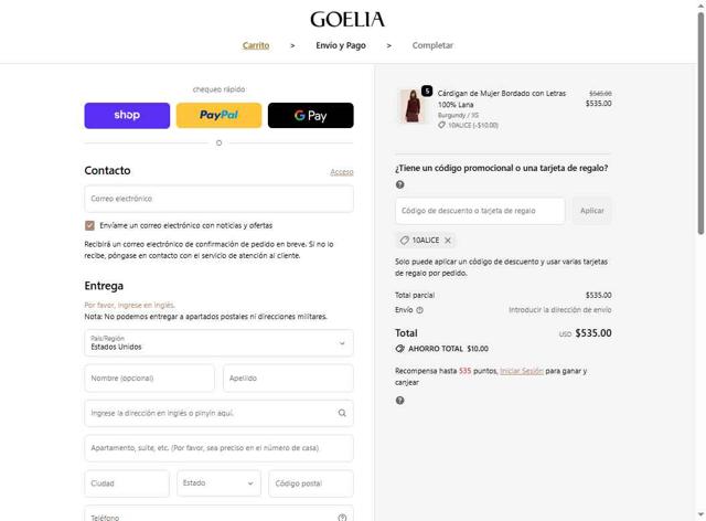 Goelia checkout page showing Goelia promo code box | Screenshot taken by SimplyCodes community member on Oct 3, 2025