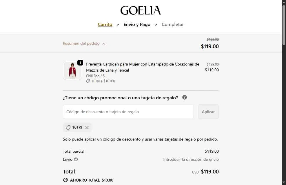 Goelia checkout page showing Goelia promo code box | Screenshot taken by SimplyCodes community member on Jan 12, 2026