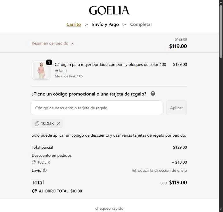 Goelia checkout page showing Goelia promo code box | Screenshot taken by SimplyCodes community member on Feb 26, 2026