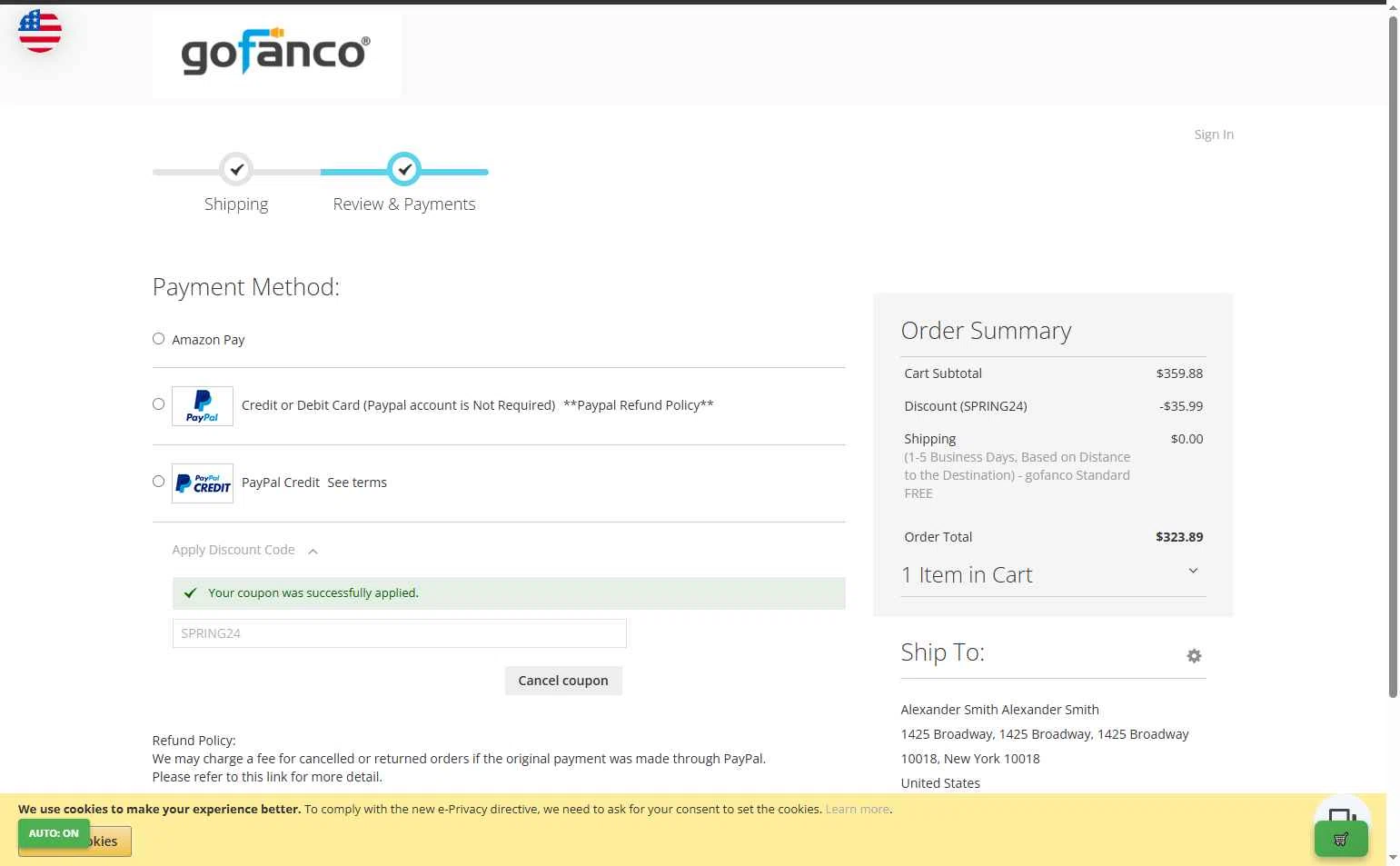 Gofanco checkout page showing Gofanco coupon code box | Screenshot taken by SimplyCodes community member on Sep 20, 2025