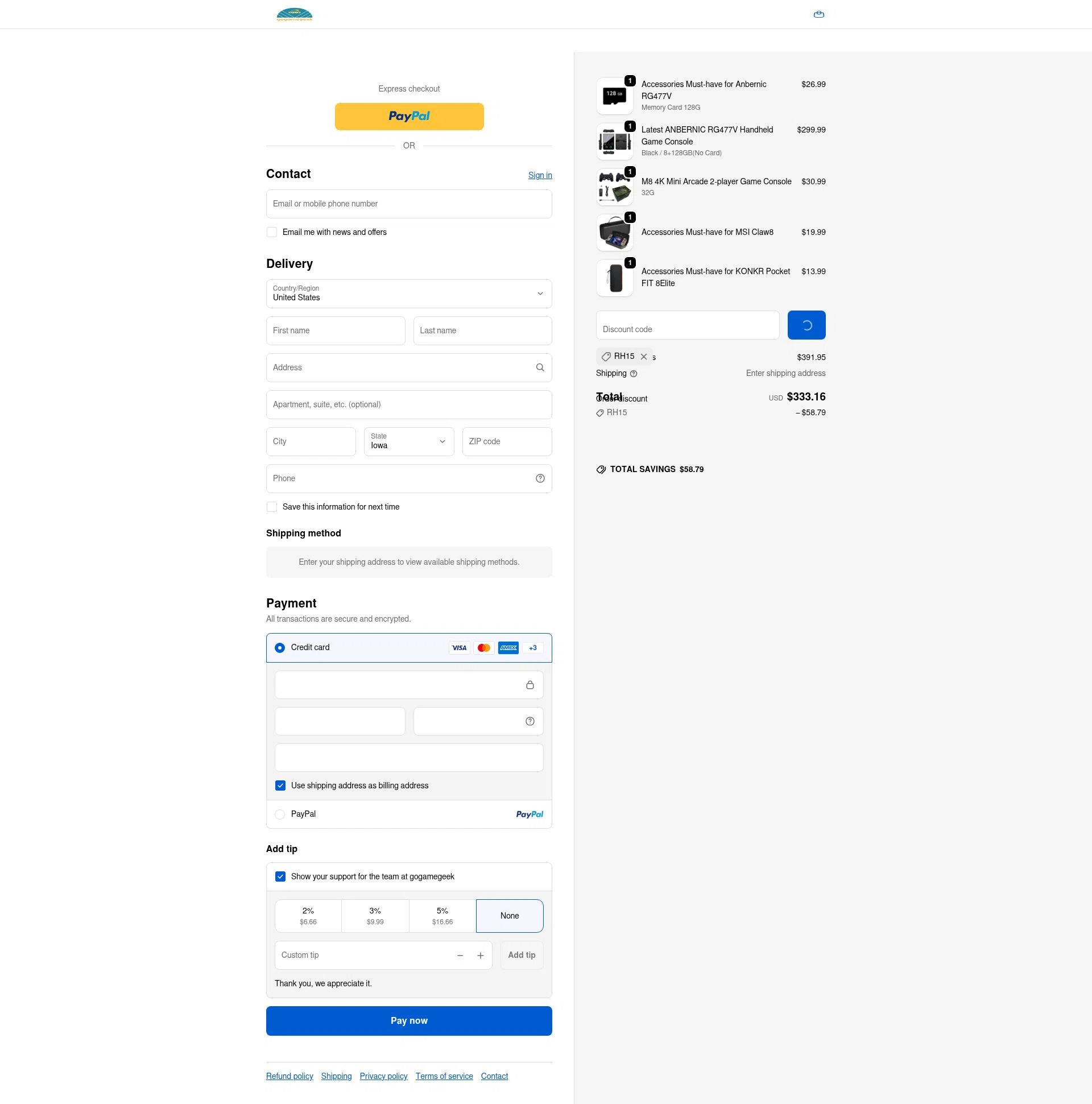 GOGAMEGEEK checkout page showing GOGAMEGEEK coupon code box | Screenshot taken by SimplyCodes community member on Jan 5, 2026