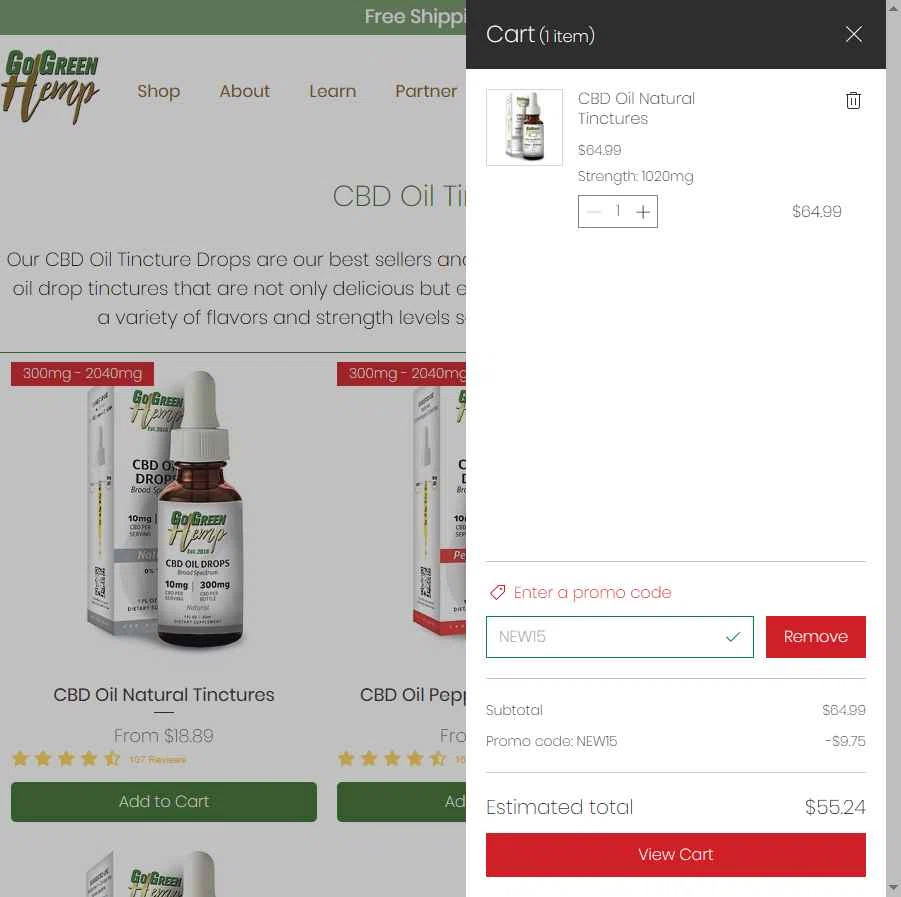 GoGreen Hemp checkout page showing GoGreen Hemp promo code box | Screenshot taken by SimplyCodes community member on Aug 8, 2025