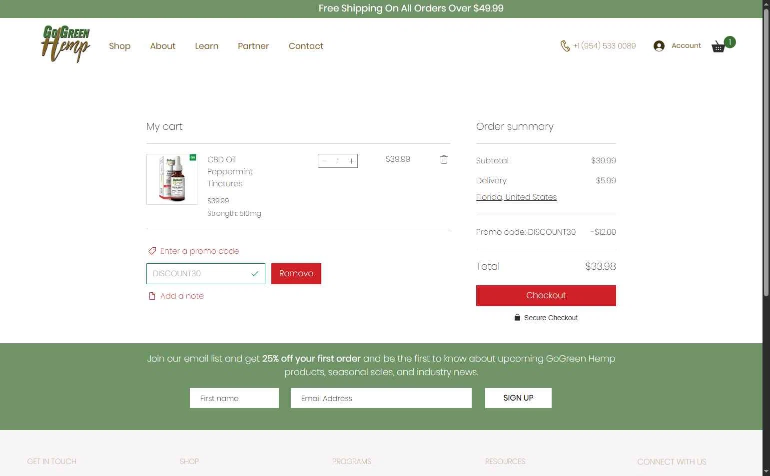 GoGreen Hemp checkout page showing GoGreen Hemp promo code box | Screenshot taken by SimplyCodes community member on Oct 10, 2025