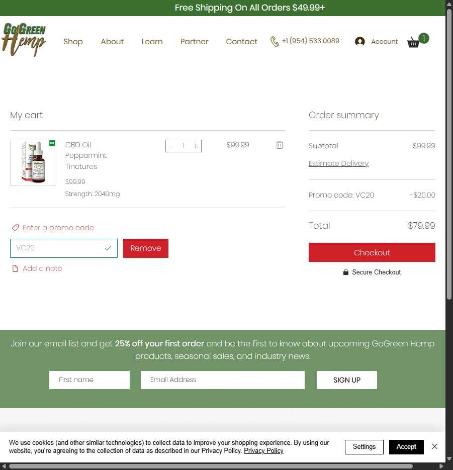 GoGreen Hemp checkout page showing GoGreen Hemp promo code box | Screenshot taken by SimplyCodes community member on Jan 8, 2026