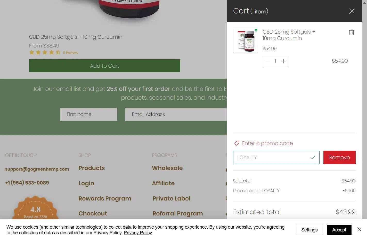 GoGreen Hemp checkout page showing GoGreen Hemp promo code box | Screenshot taken by SimplyCodes community member on Jan 8, 2026