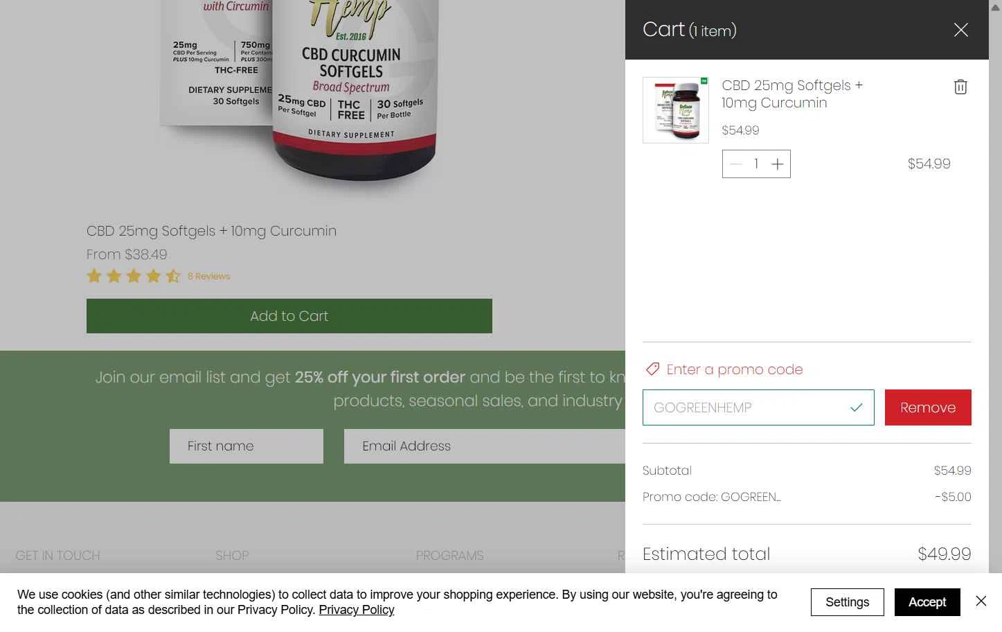 GoGreen Hemp checkout page showing GoGreen Hemp promo code box | Screenshot taken by SimplyCodes community member on Oct 17, 2025