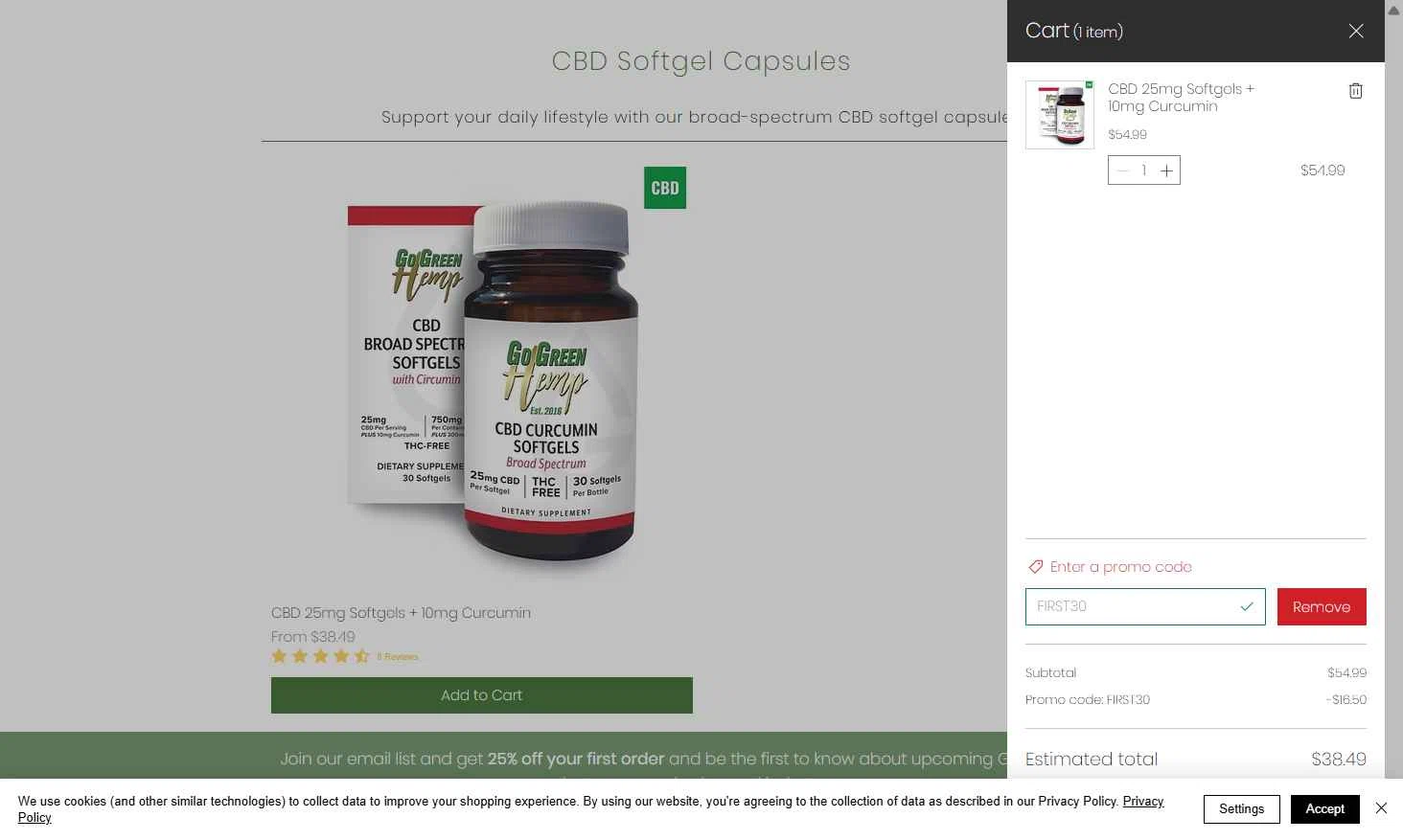 GoGreen Hemp checkout page showing GoGreen Hemp promo code box | Screenshot taken by SimplyCodes community member on Oct 10, 2025
