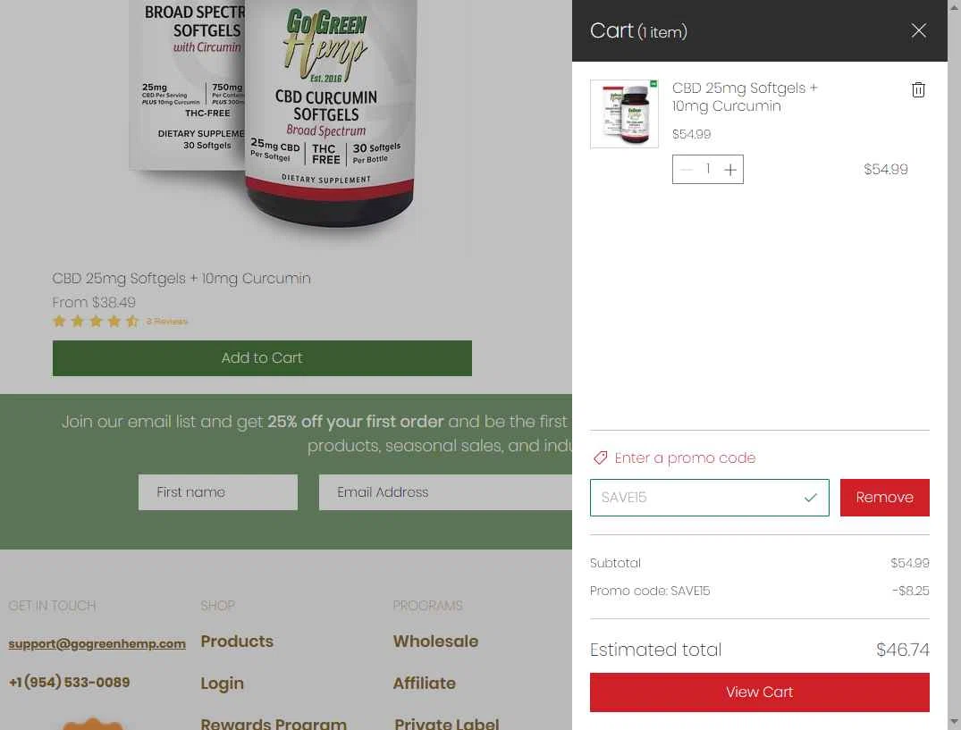GoGreen Hemp checkout page showing GoGreen Hemp promo code box | Screenshot taken by SimplyCodes community member on Jan 8, 2026