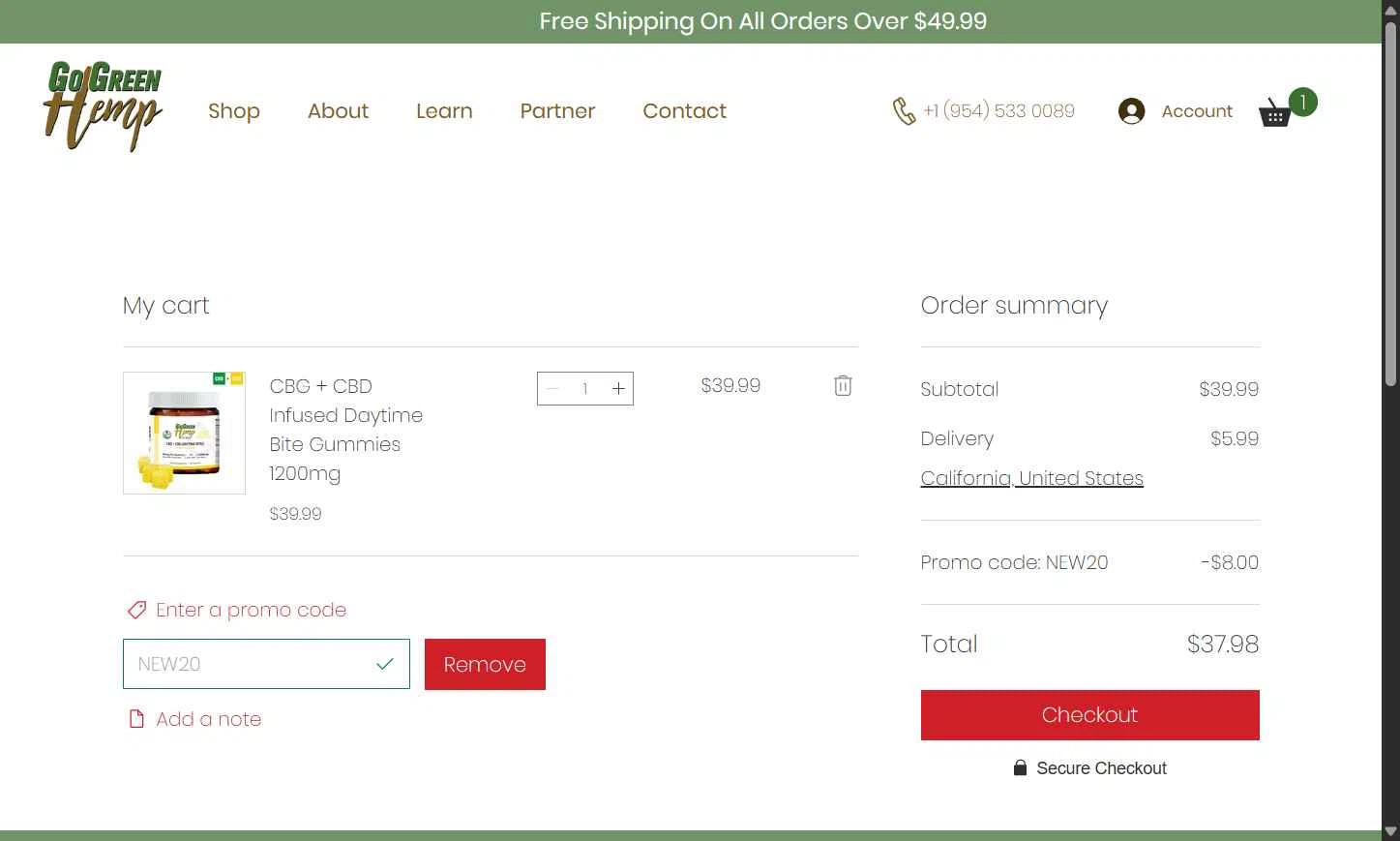 GoGreen Hemp checkout page showing GoGreen Hemp promo code box | Screenshot taken by SimplyCodes community member on Oct 10, 2025