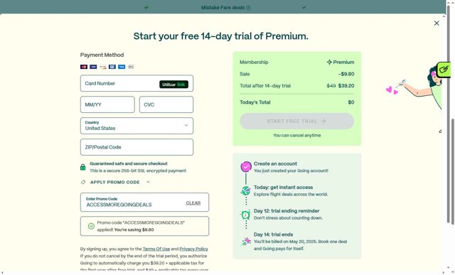 Going checkout page showing Going promo code box | Screenshot taken by SimplyCodes community member on May 6, 2025