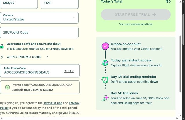 Going checkout page showing Going promo code box | Screenshot taken by SimplyCodes community member on Jun 4, 2025