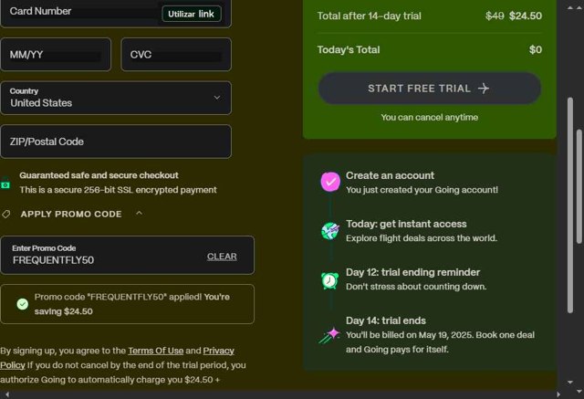 Going checkout page showing Going promo code box | Screenshot taken by SimplyCodes community member on May 5, 2025